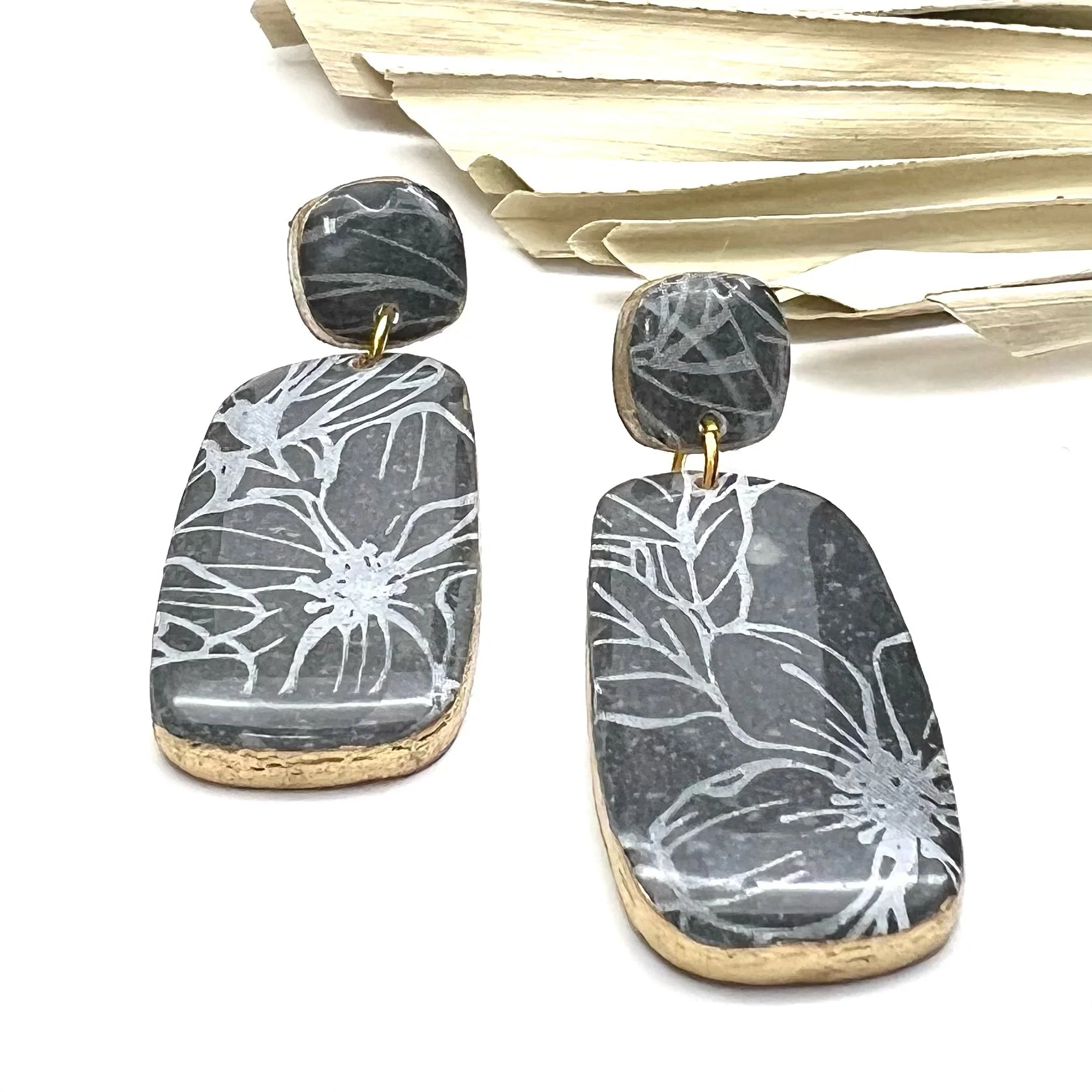 Silver Girl Tropical Flowers Rectangle Drop Earrings