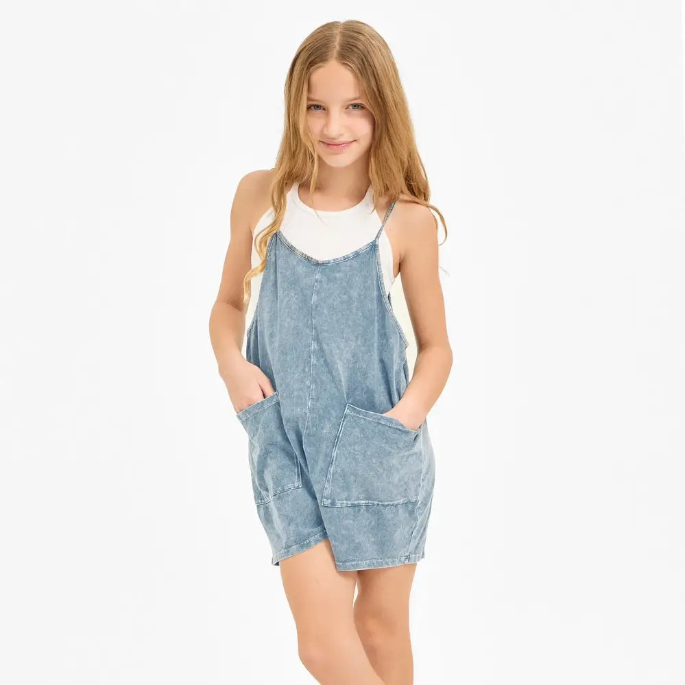 Good Girl 2 Pocket Mineral Wash Overall Romper | Vagabond Apparel Boutique