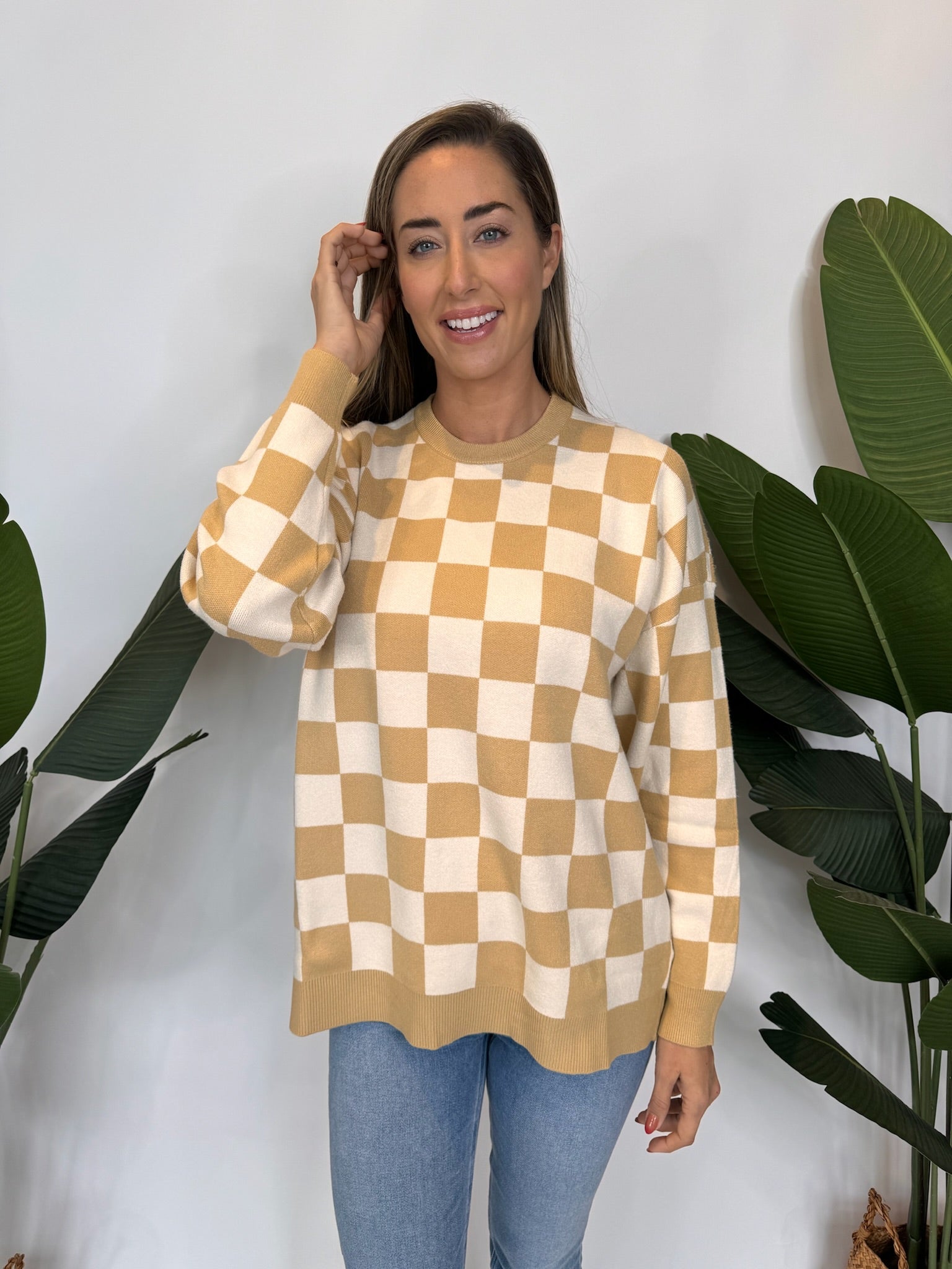 Show Me Your Mumu Scout Sweater Tan Checker Knit