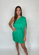 KLD Washed Satin Drape One Shoulder Dress Green | Vagabond Apparel Boutique