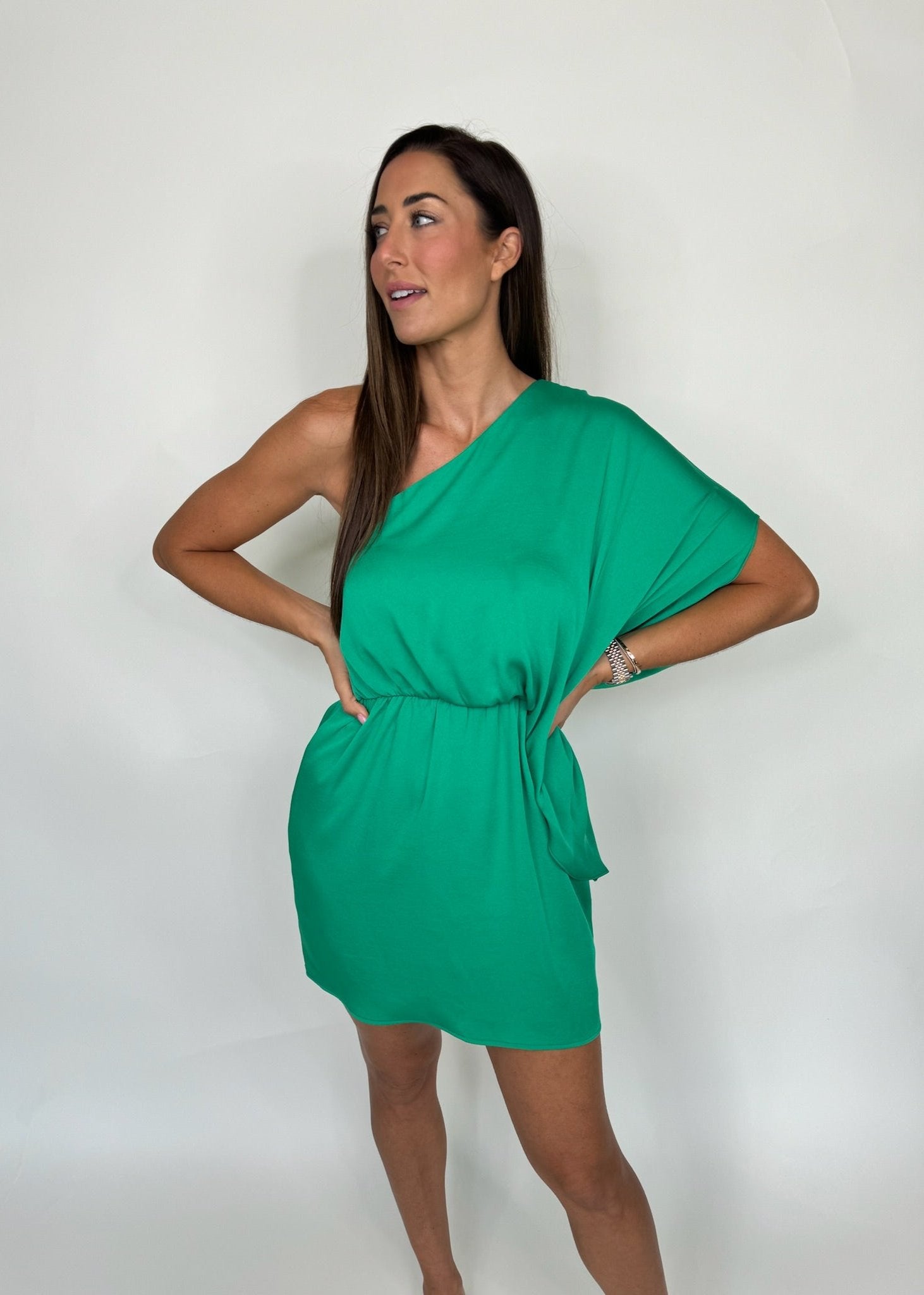 KLD Washed Satin Drape One Shoulder Dress Green | Vagabond Apparel Boutique