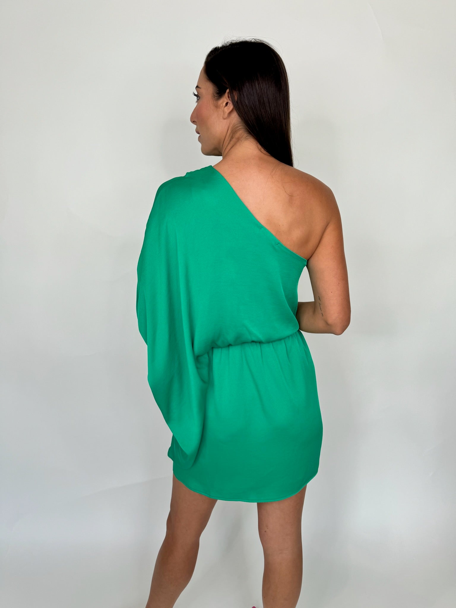 KLD Washed Satin Drape One Shoulder Dress Green | Vagabond Apparel Boutique