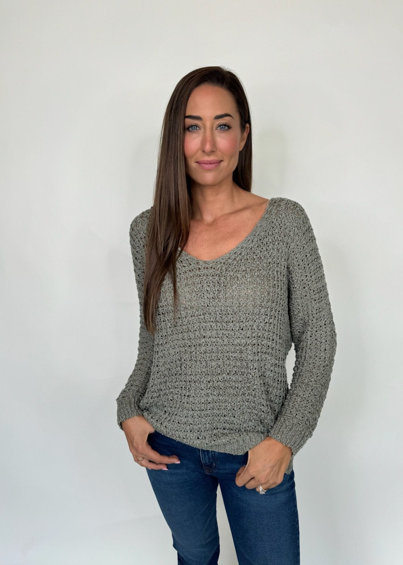 KLD V-Neck Open Knit Sweater Olive | Vagabond Apparel Boutique