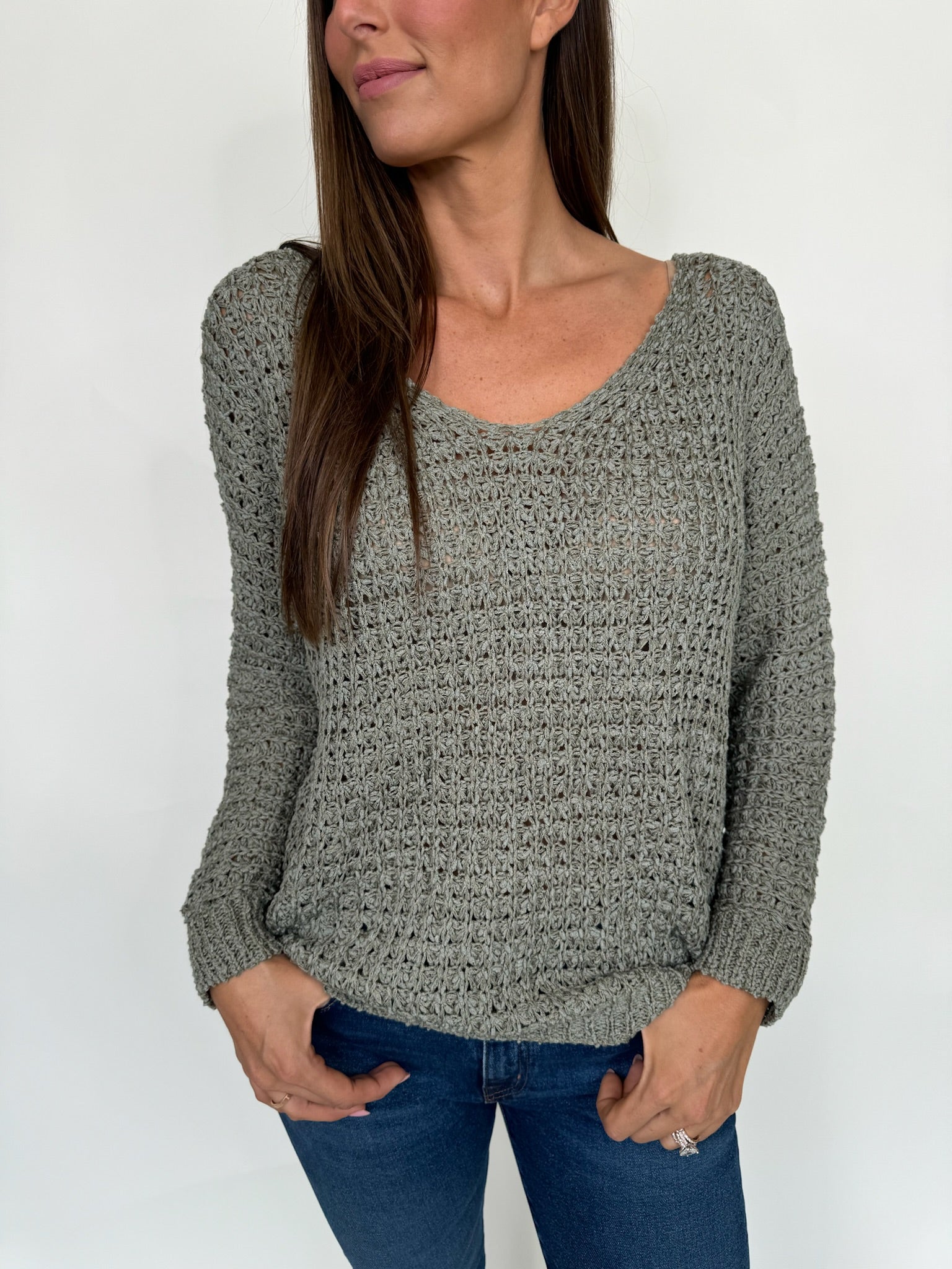 KLD V-Neck Open Knit Sweater Olive | Vagabond Apparel Boutique