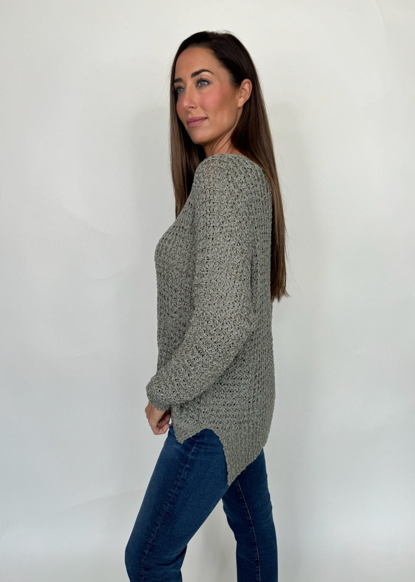 KLD V-Neck Open Knit Sweater Olive | Vagabond Apparel Boutique