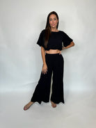 KLD Matte Crepe Bubble Sleeve Crop Top Black | Vagabond Apparel Boutique