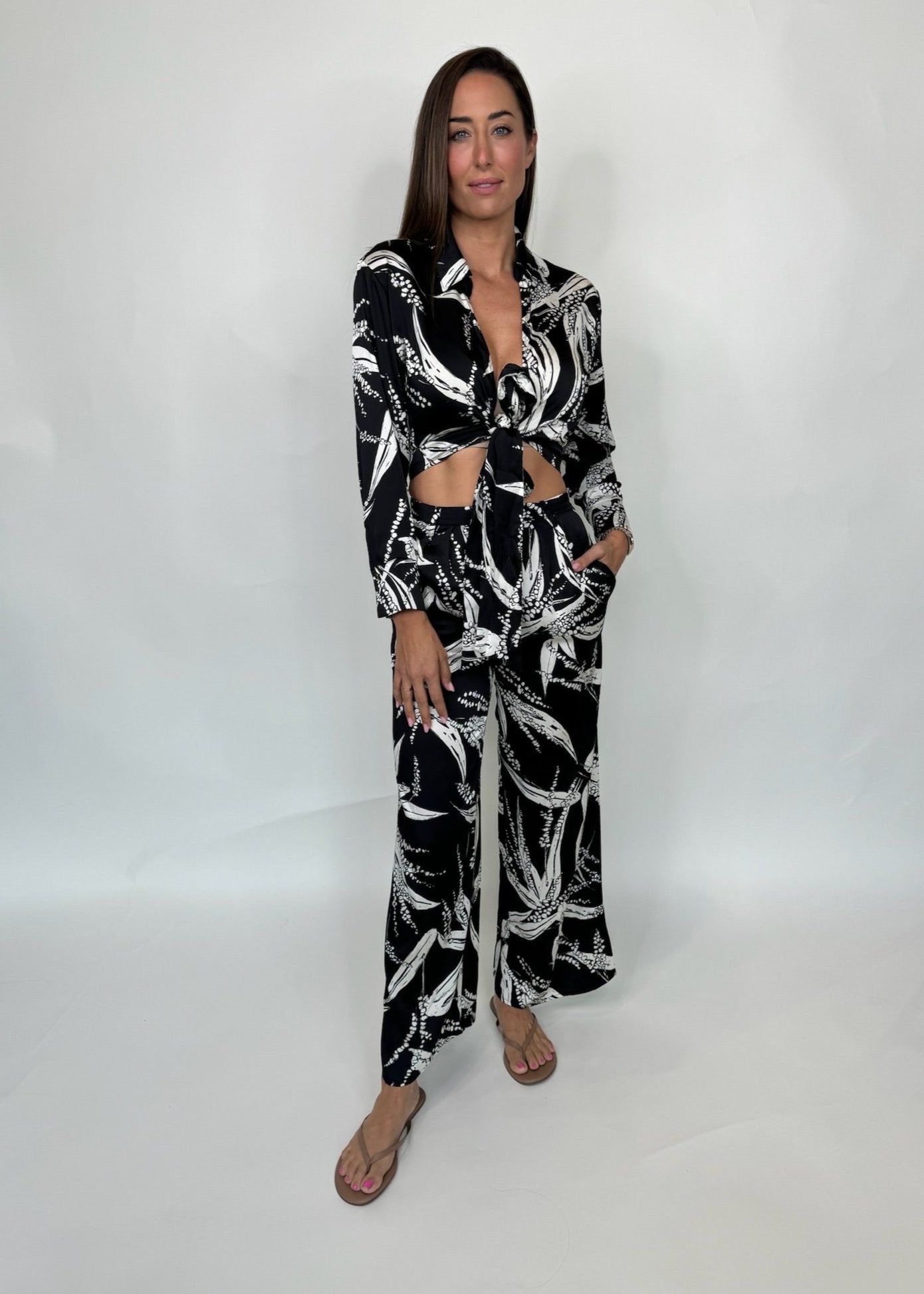 KLD Satin Printed Wide Leg Pants Black | Vagabond Apparel Boutique