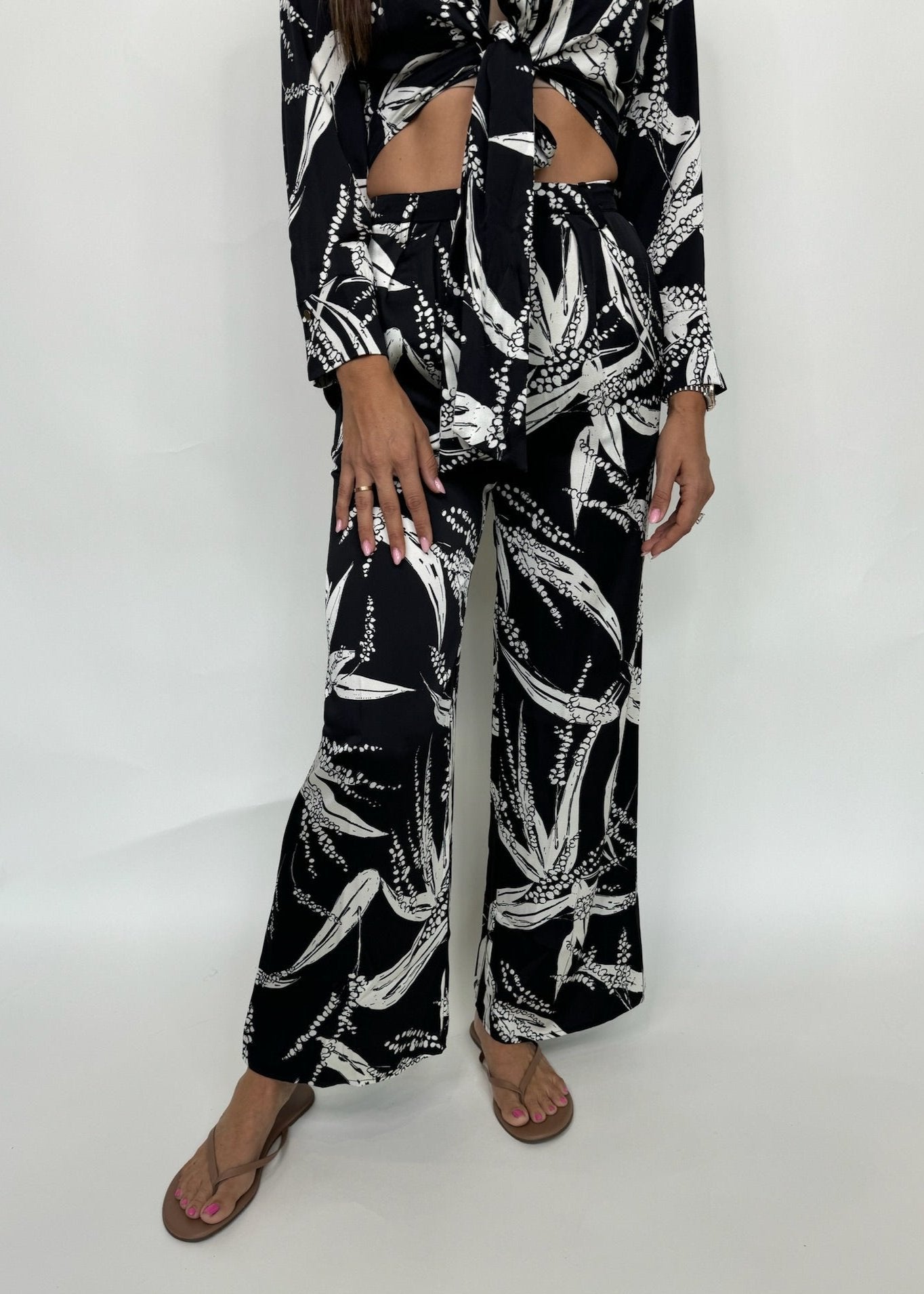 KLD Satin Printed Wide Leg Pants Black | Vagabond Apparel Boutique