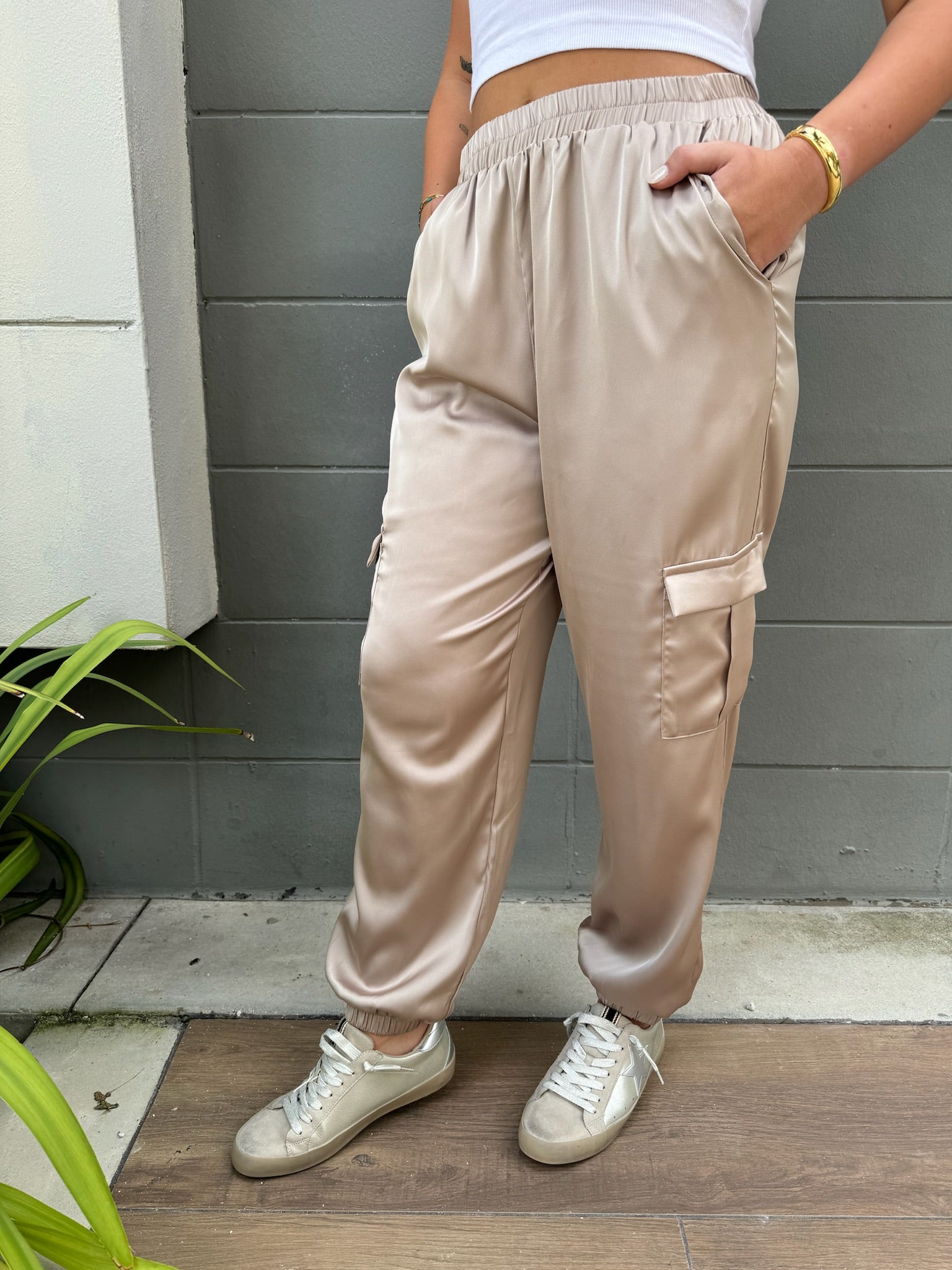 KLD Satin Cargo Joggers Champagne | Vagabond Apparel Boutique