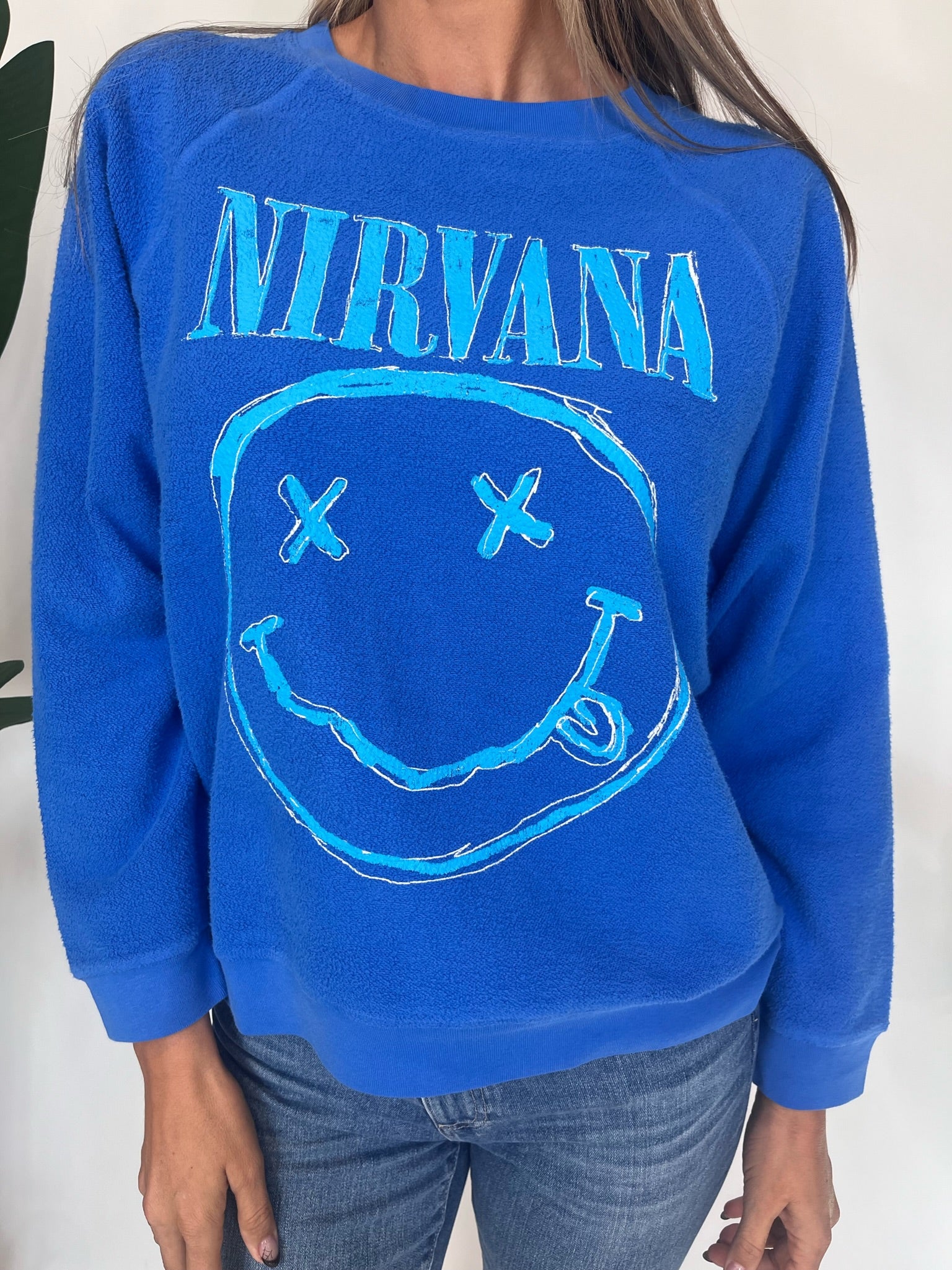 Daydreamer Nirvana Smiley Reverse Raglan Crew Washed Cobalt