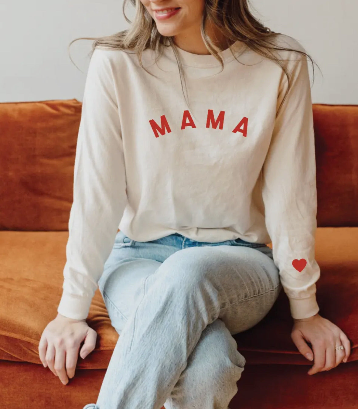 Saved By Grace Mama Long Sleeve Heart Tee Natural