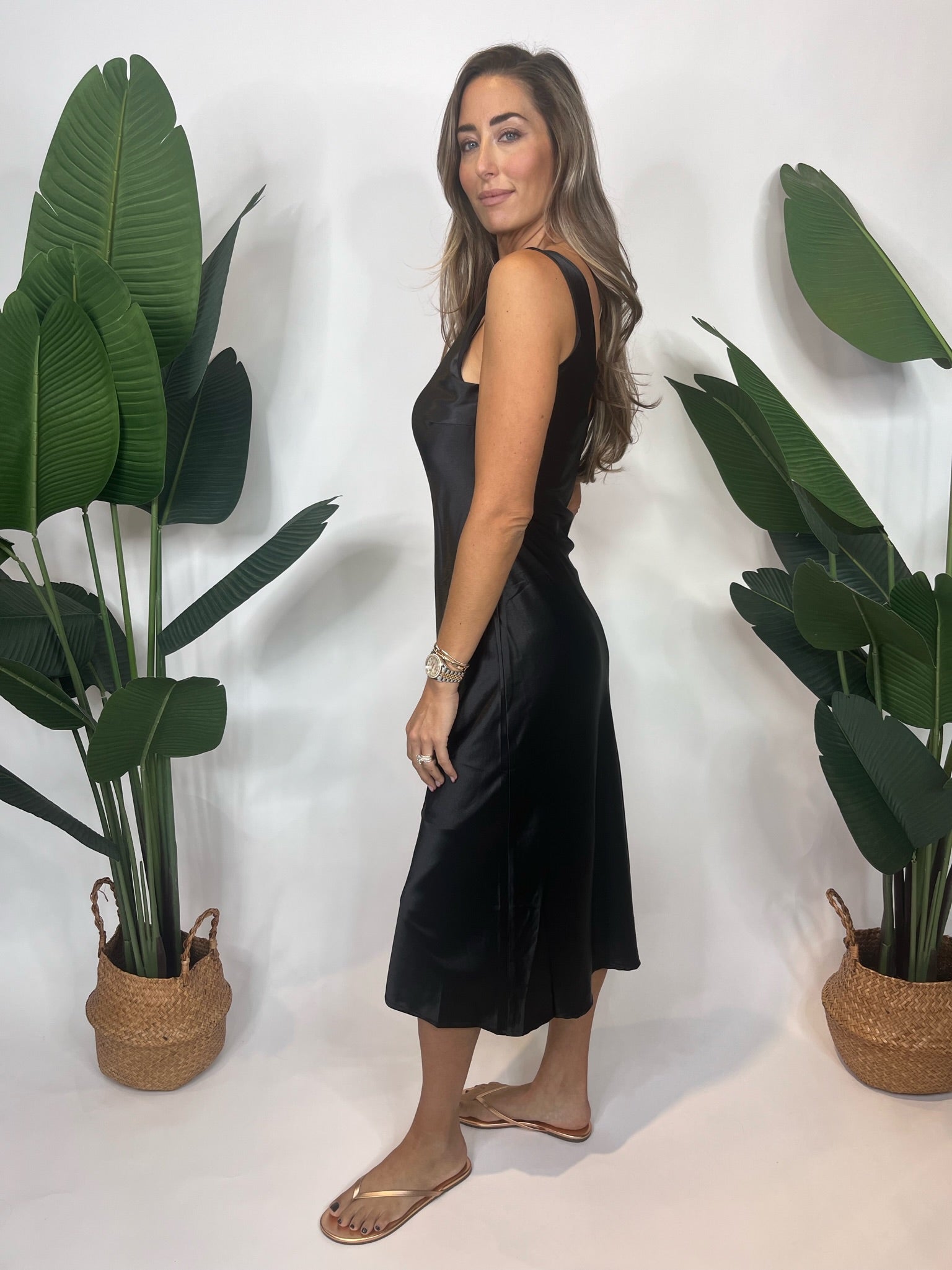 KLD Sleeveless Satin Midi Dress Black