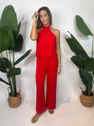 KLD Teardrop Keyhole Halter Jumpsuit Red