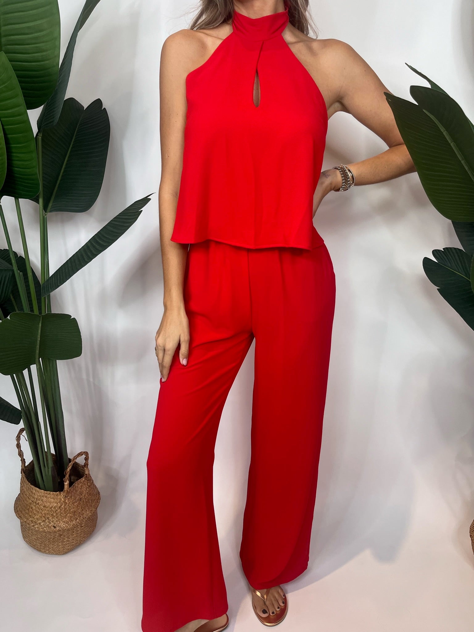 KLD Teardrop Keyhole Halter Jumpsuit Red