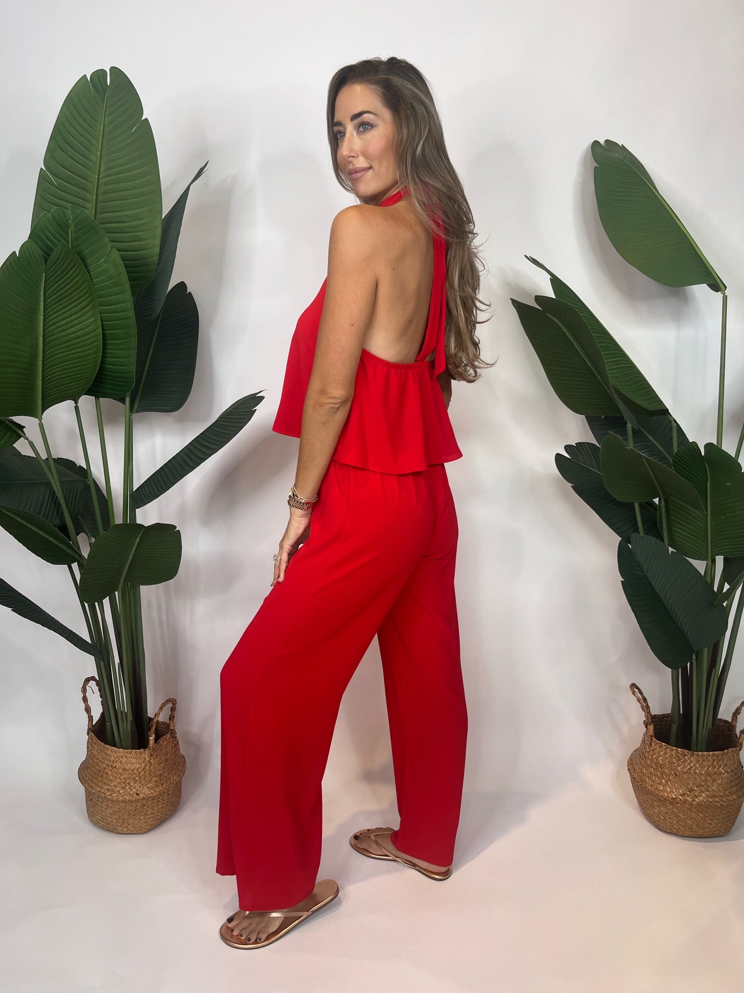 KLD Teardrop Keyhole Halter Jumpsuit Red