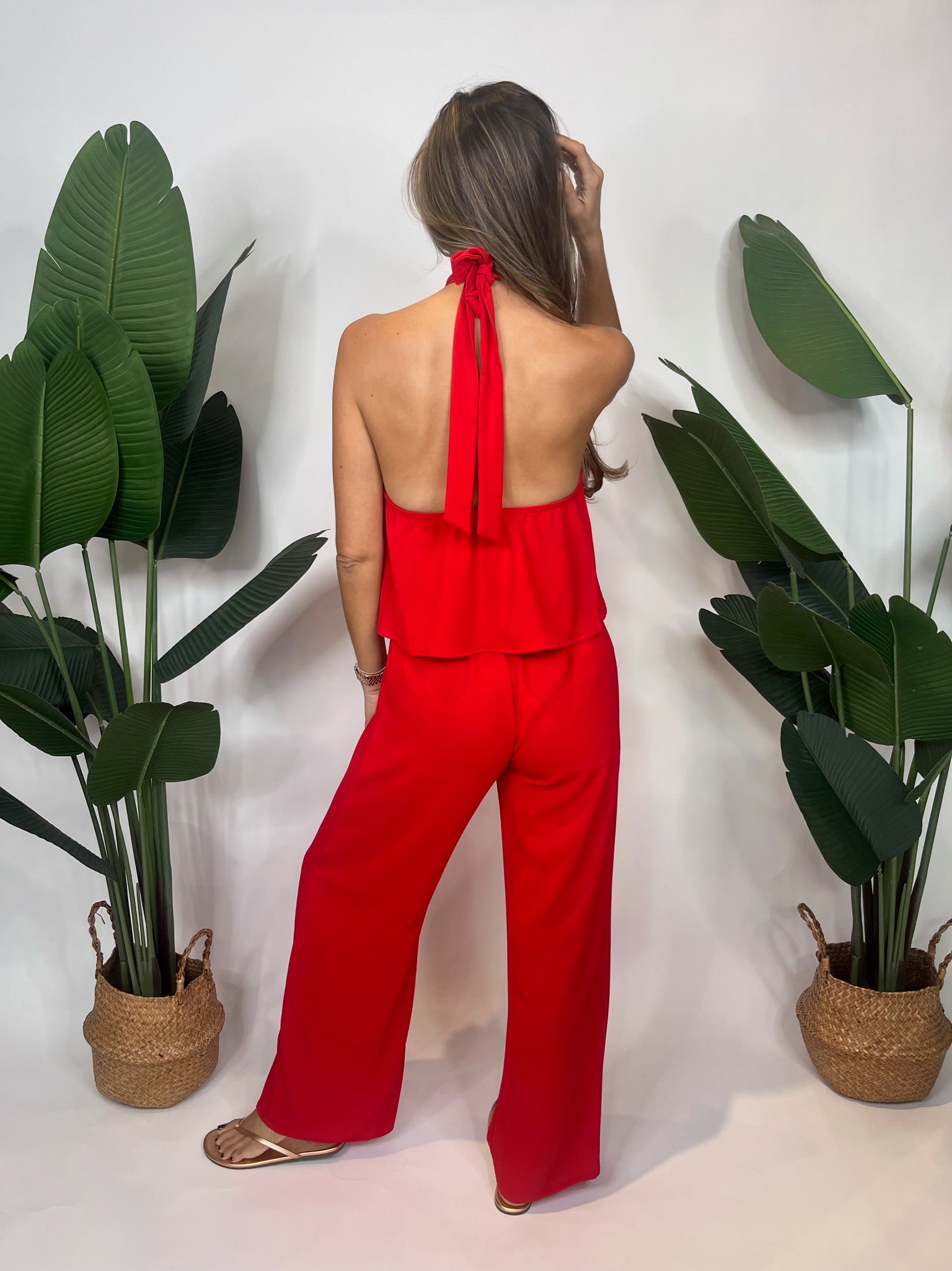 KLD Teardrop Keyhole Halter Jumpsuit Red