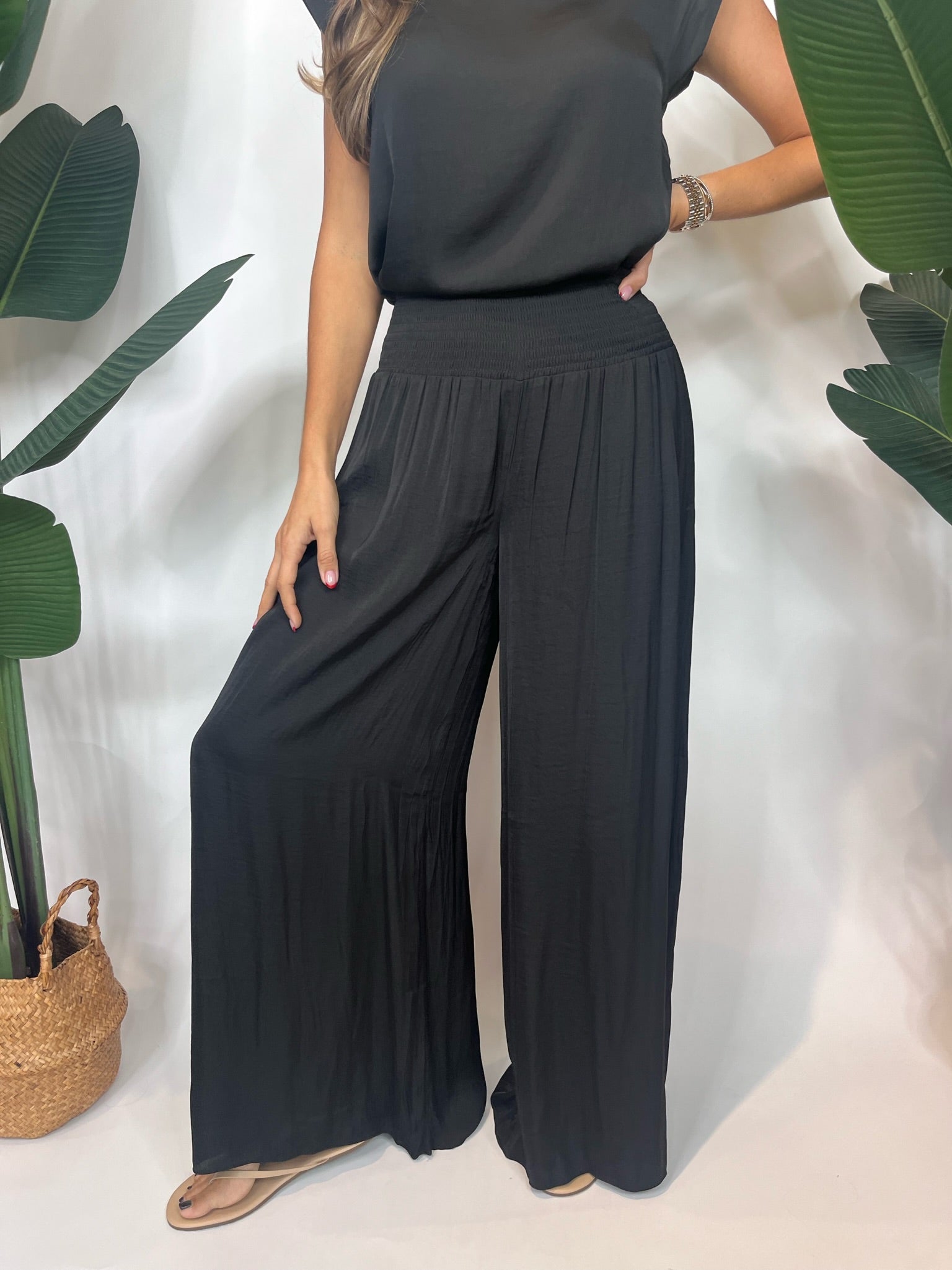 KLD Satin Smocked Waist Wide Leg Pant Black