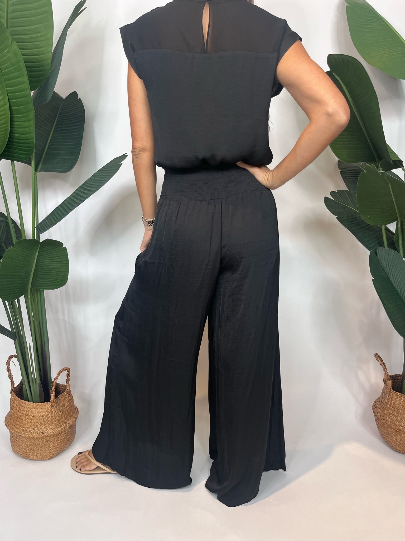 KLD Satin Smocked Waist Wide Leg Pant Black