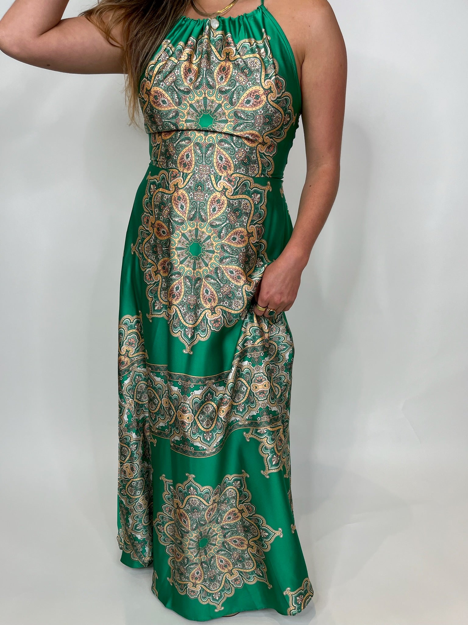 KLD Satin Printed Halter Maxi Dress | Vagabond Apparel Boutique