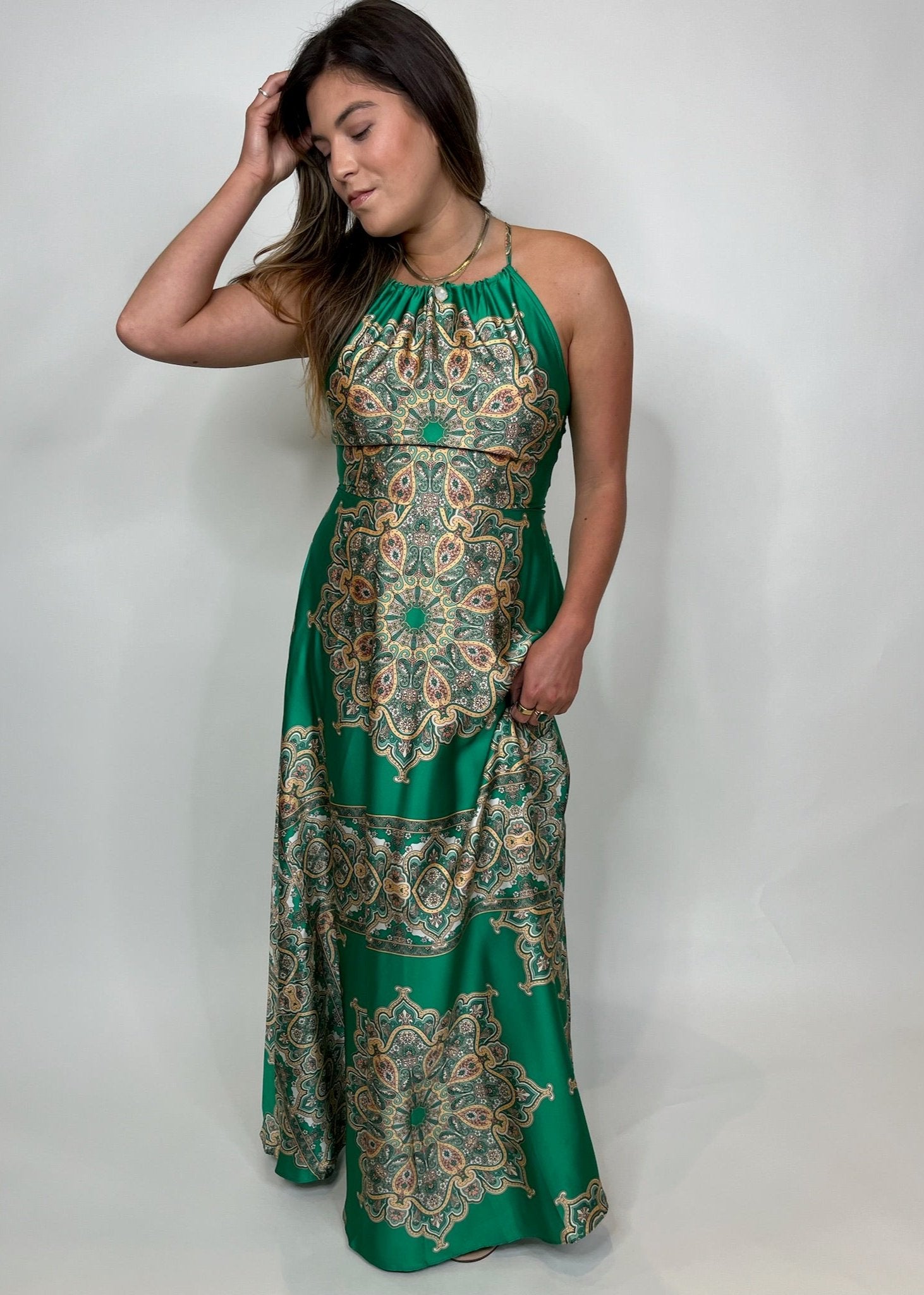 KLD Satin Printed Halter Maxi Dress | Vagabond Apparel Boutique