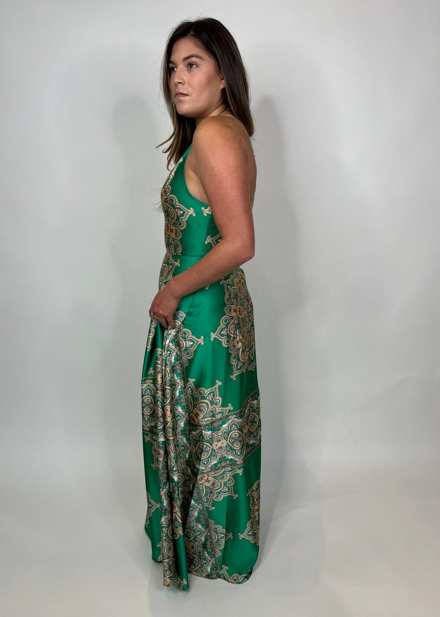 KLD Satin Printed Halter Maxi Dress | Vagabond Apparel Boutique