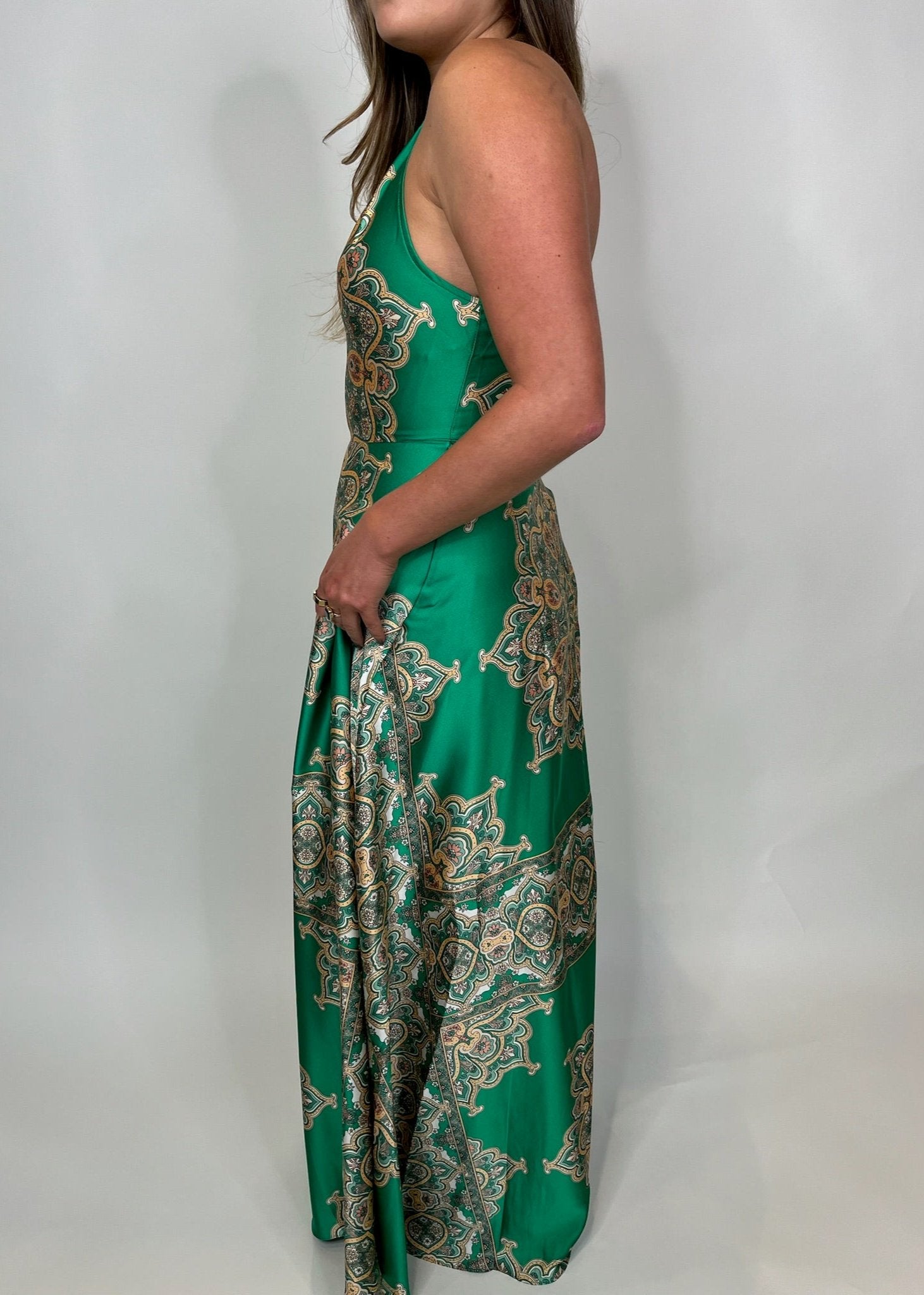 KLD Satin Printed Halter Maxi Dress | Vagabond Apparel Boutique