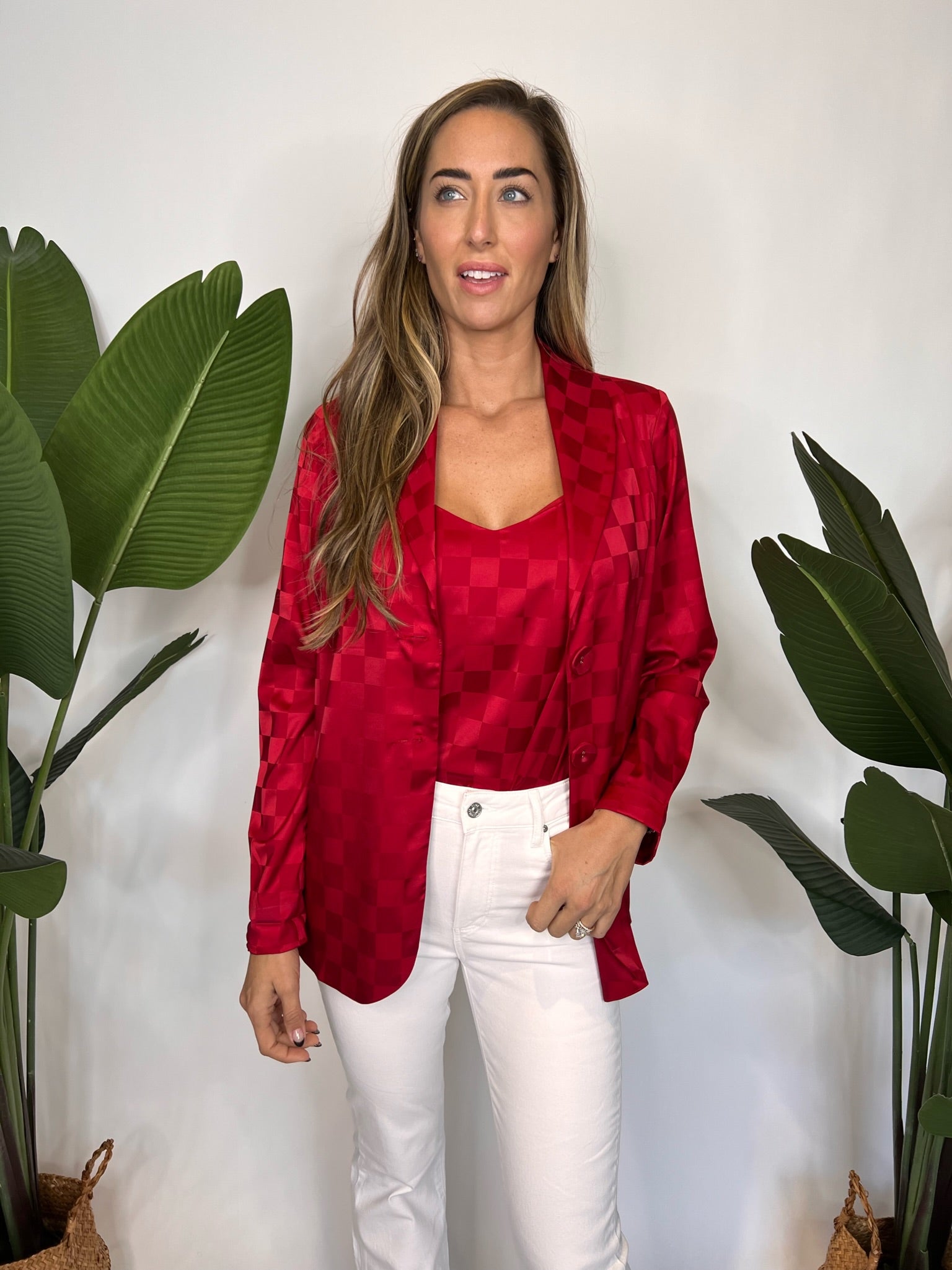 Show Me Your Mumu Felix Blazer Red Checkerboard Satin