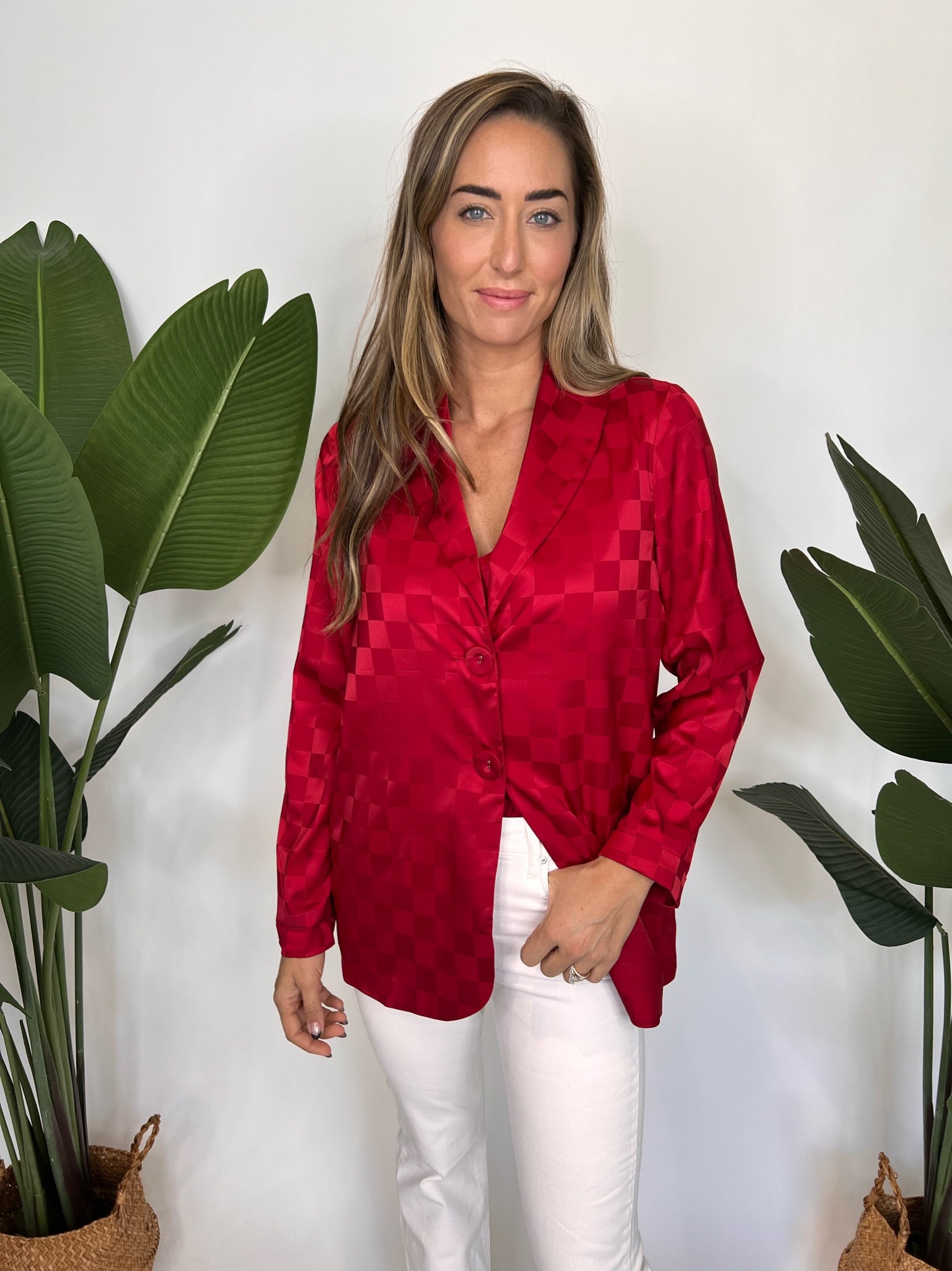 Show Me Your Mumu Felix Blazer Red Checkerboard Satin