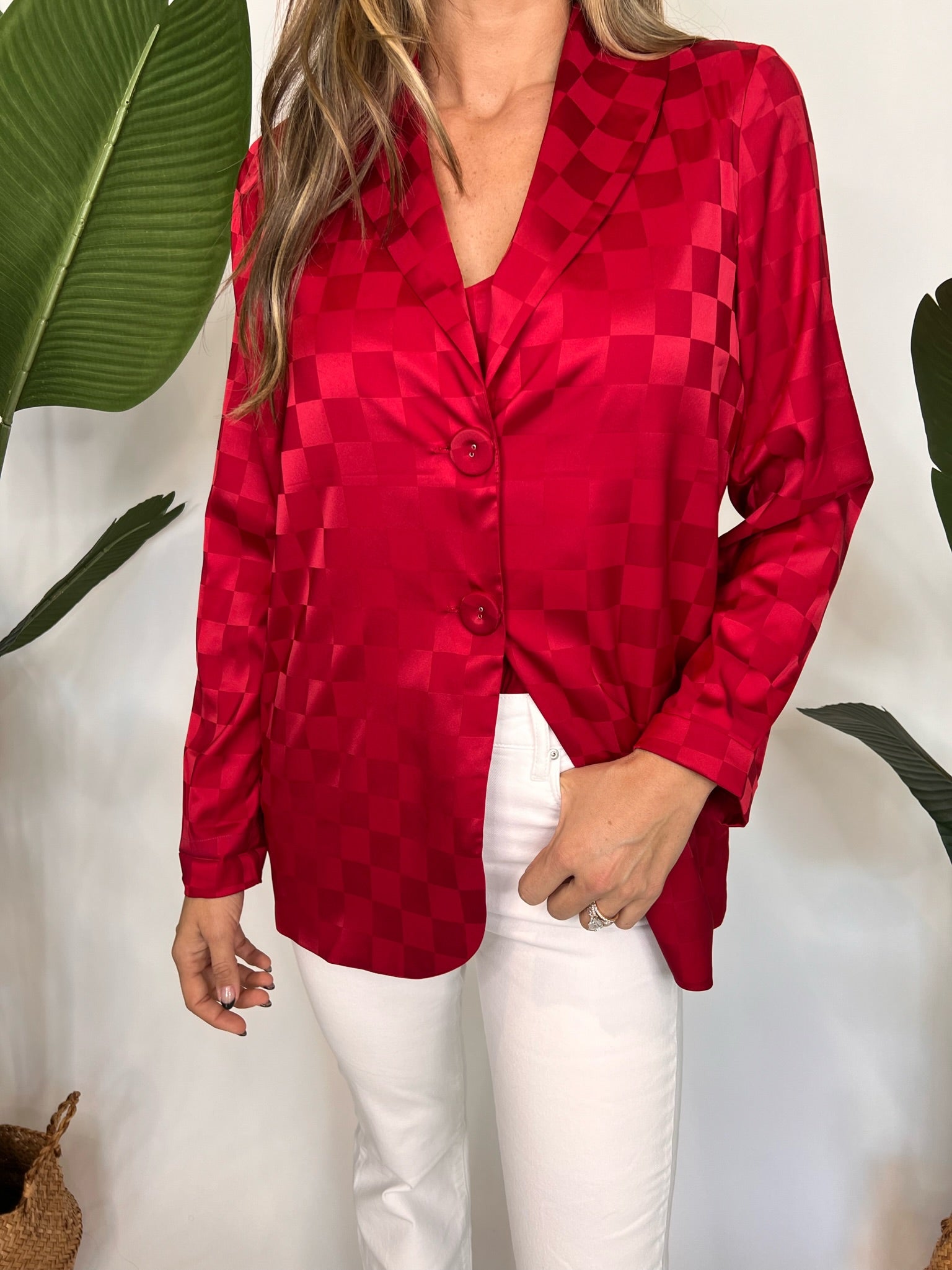 Show Me Your Mumu Felix Blazer Red Checkerboard Satin