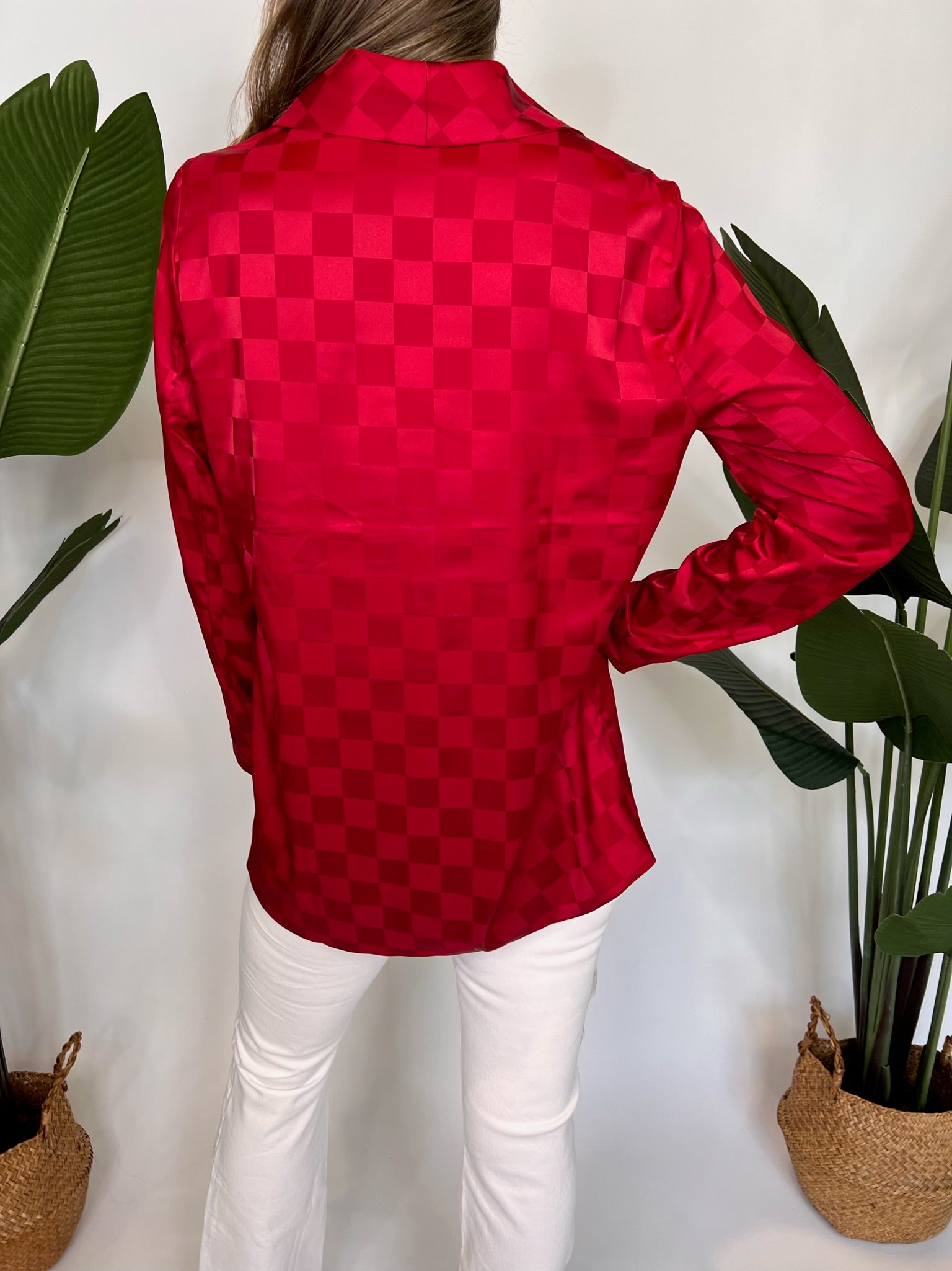 Show Me Your Mumu Felix Blazer Red Checkerboard Satin