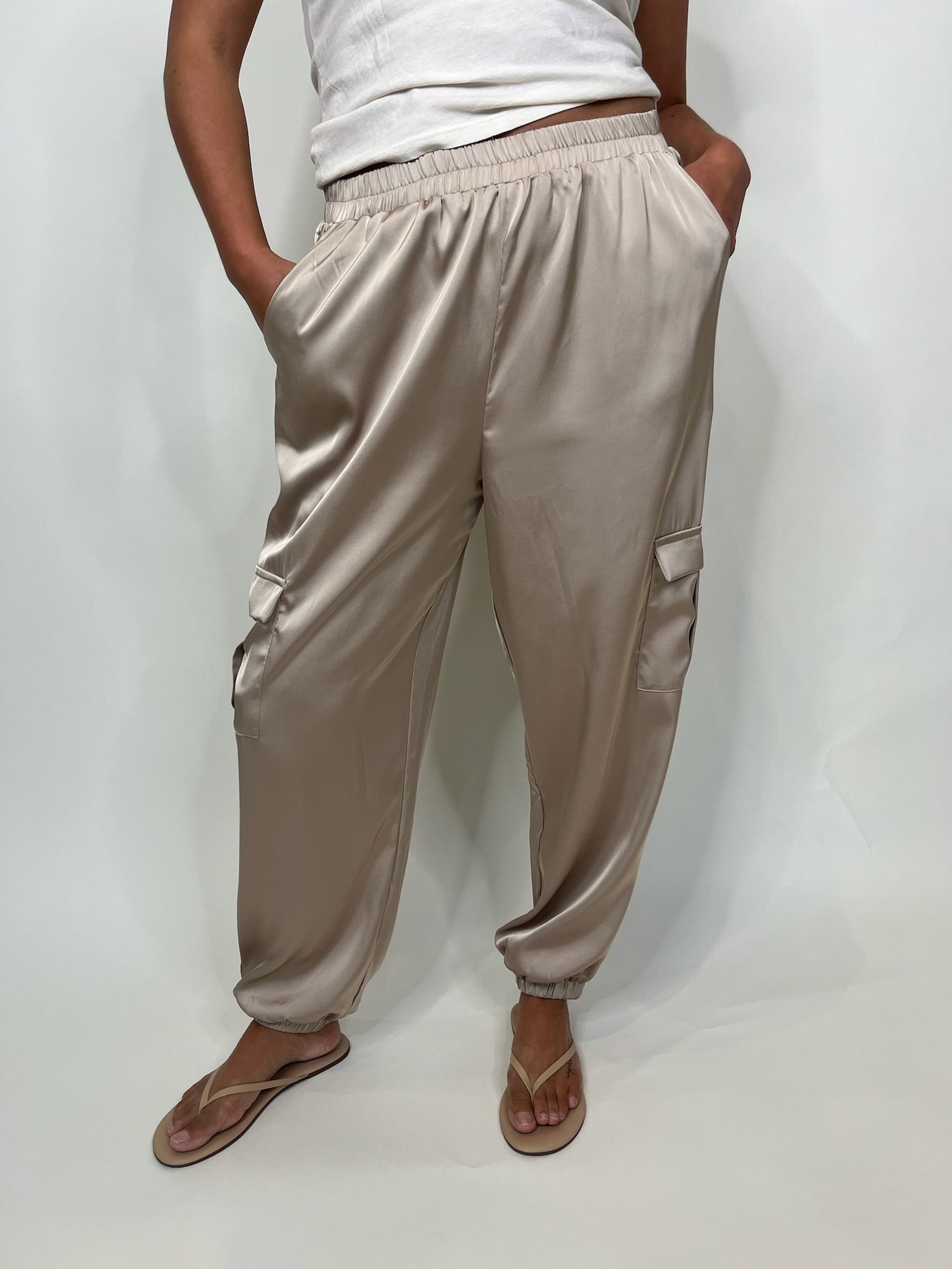 KLD Satin Cargo Joggers Champagne | Vagabond Apparel Boutique