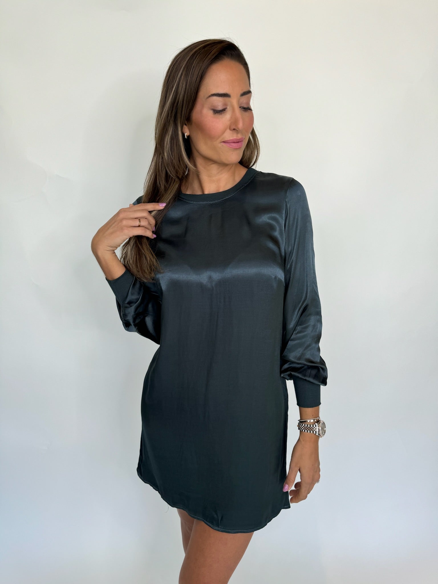 LA Made Wells Silky Dress Pine Green  | Vagabond Apparel Boutique