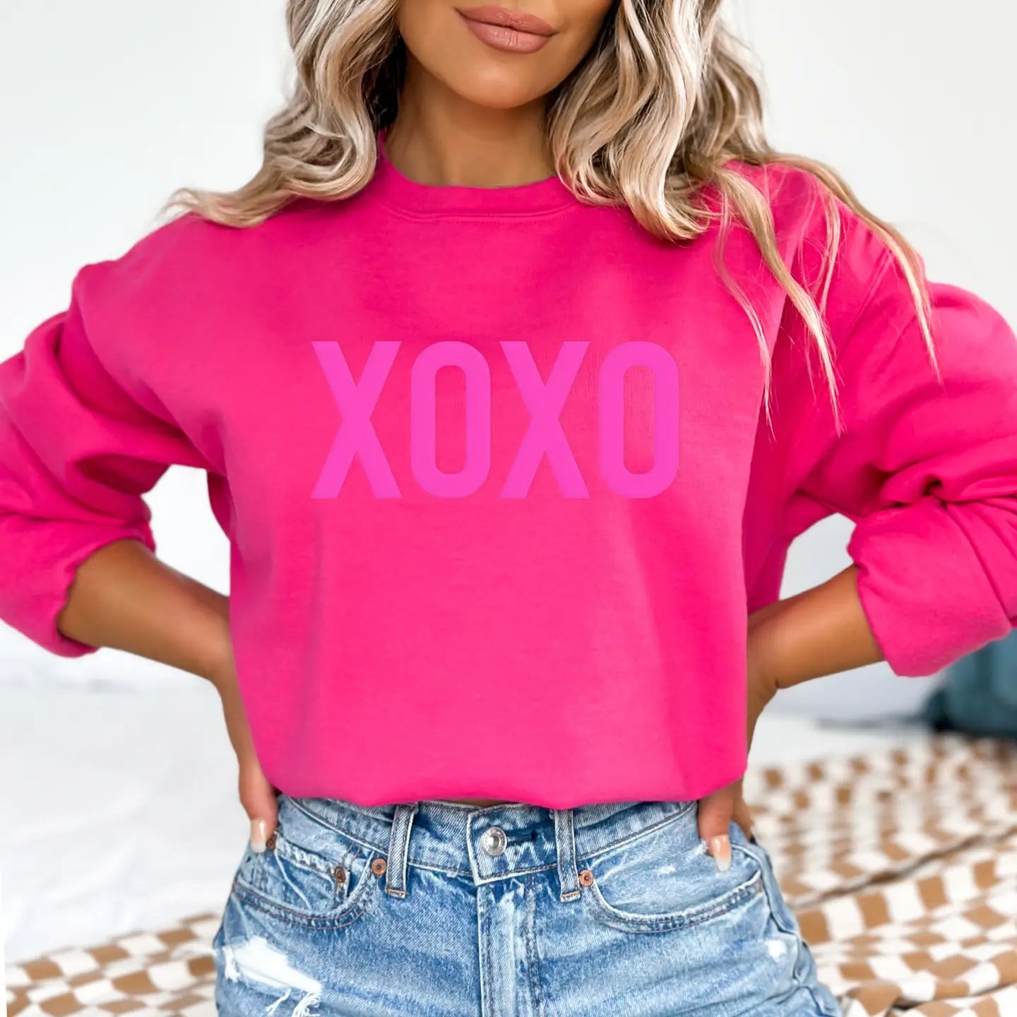 The White Invite XOXO Pink Embossed Puff Valentines Day Sweatshirt | Vagabond Apparel Boutique